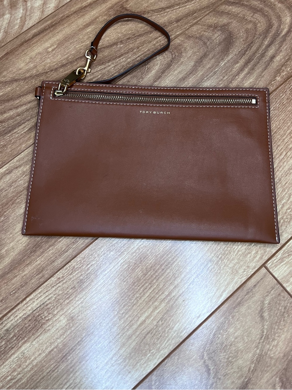 Tory Burch Brown Leather Wristlet Clutch Gold Hardware